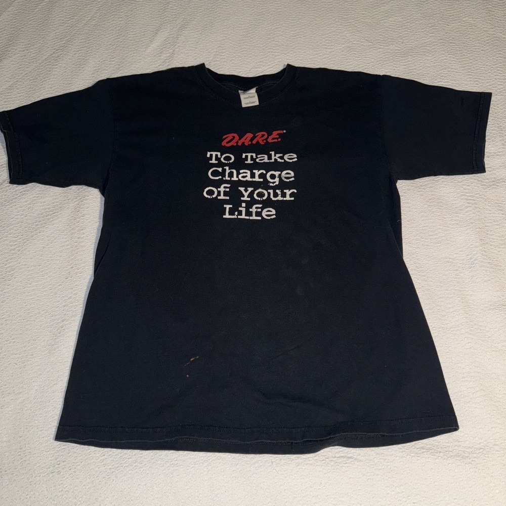 Vintage D.A.R.E Black Lg T-Shirt Soft Shirt DARE Take Charge Minor Bleach Spots